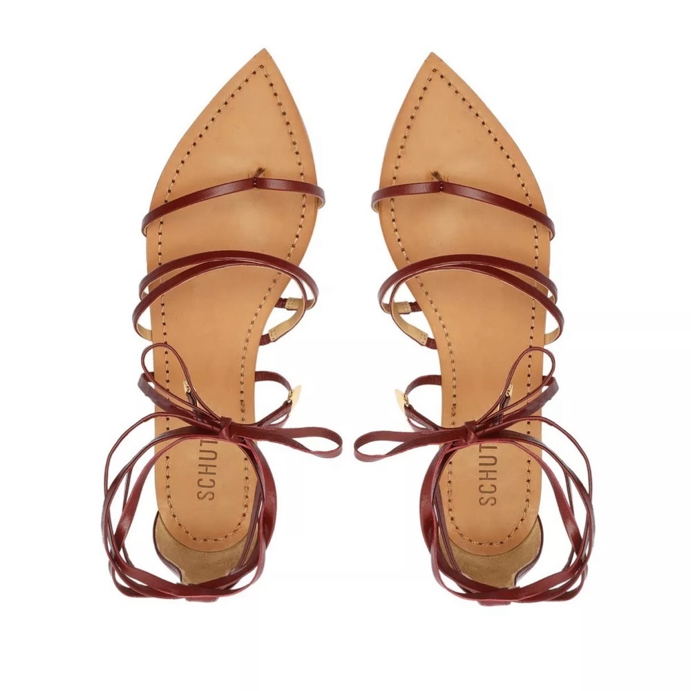 SCHUTZ Burgundy Strappy Lace-Up Pointed-Toe Sandals